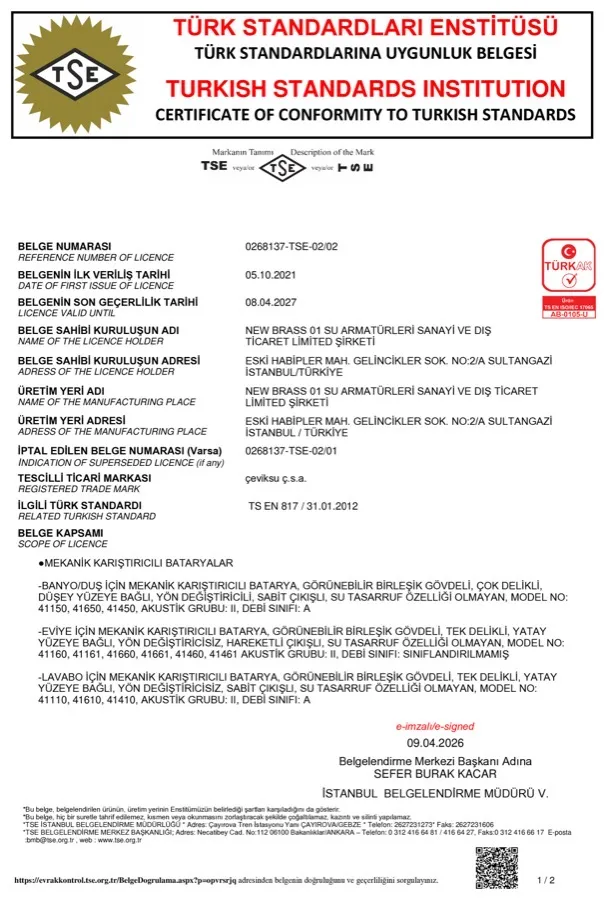 TSE 817 belgesi — Mekanik karıştırıcılı bataryalar